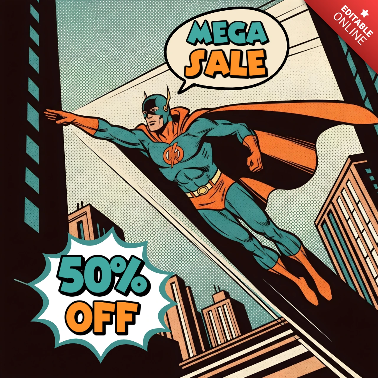 Comic-Stil Mega-Verkauf stilisierte Illustration eines blau-orange Kostüms mit Umhang und fettem Typografie-Design-Template für Werbeflyer