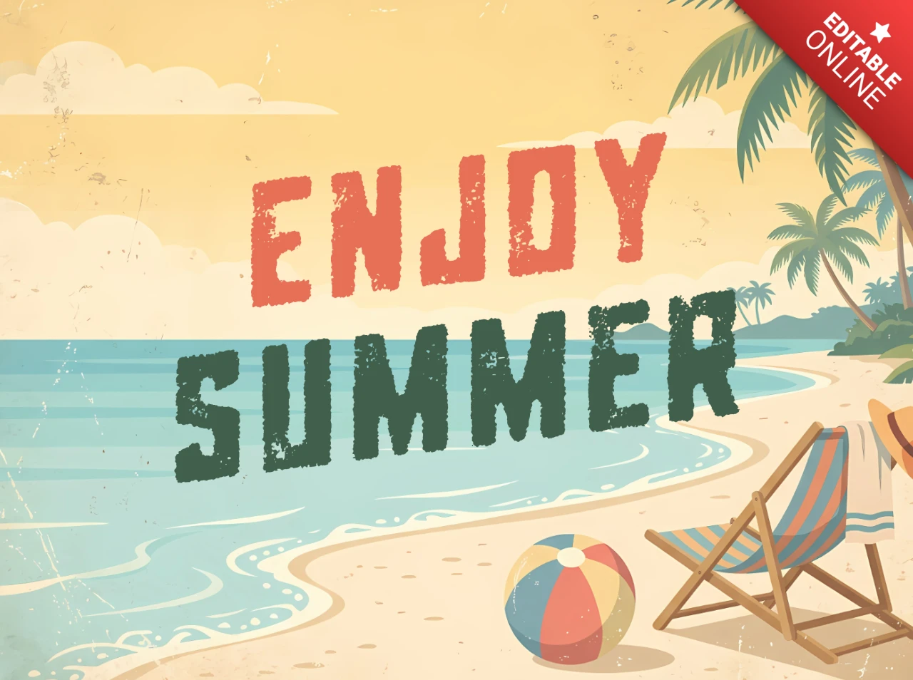 Retro Summer Vacation Greeting Card with Coastal Beach Landscape and Relaxing Holiday Theme