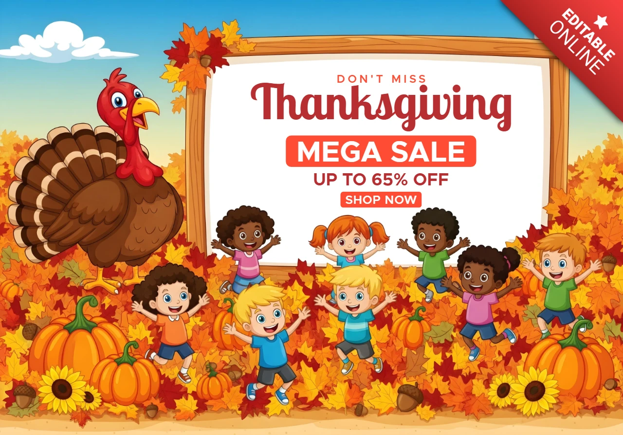 Design del banner promozionale per il mega saldi del Ringraziamento con bambini dei cartoni animati, tacchini, foglie d'autunno e zucche.