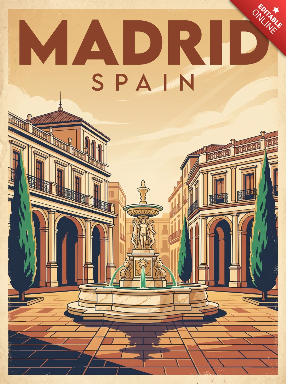 Vintage Retro Madrid Adventure Poster Spain Historic Plaza Courtyard Fountain Cypress Trees Arched Balconies Tiled Roofs Travel Wall Decor