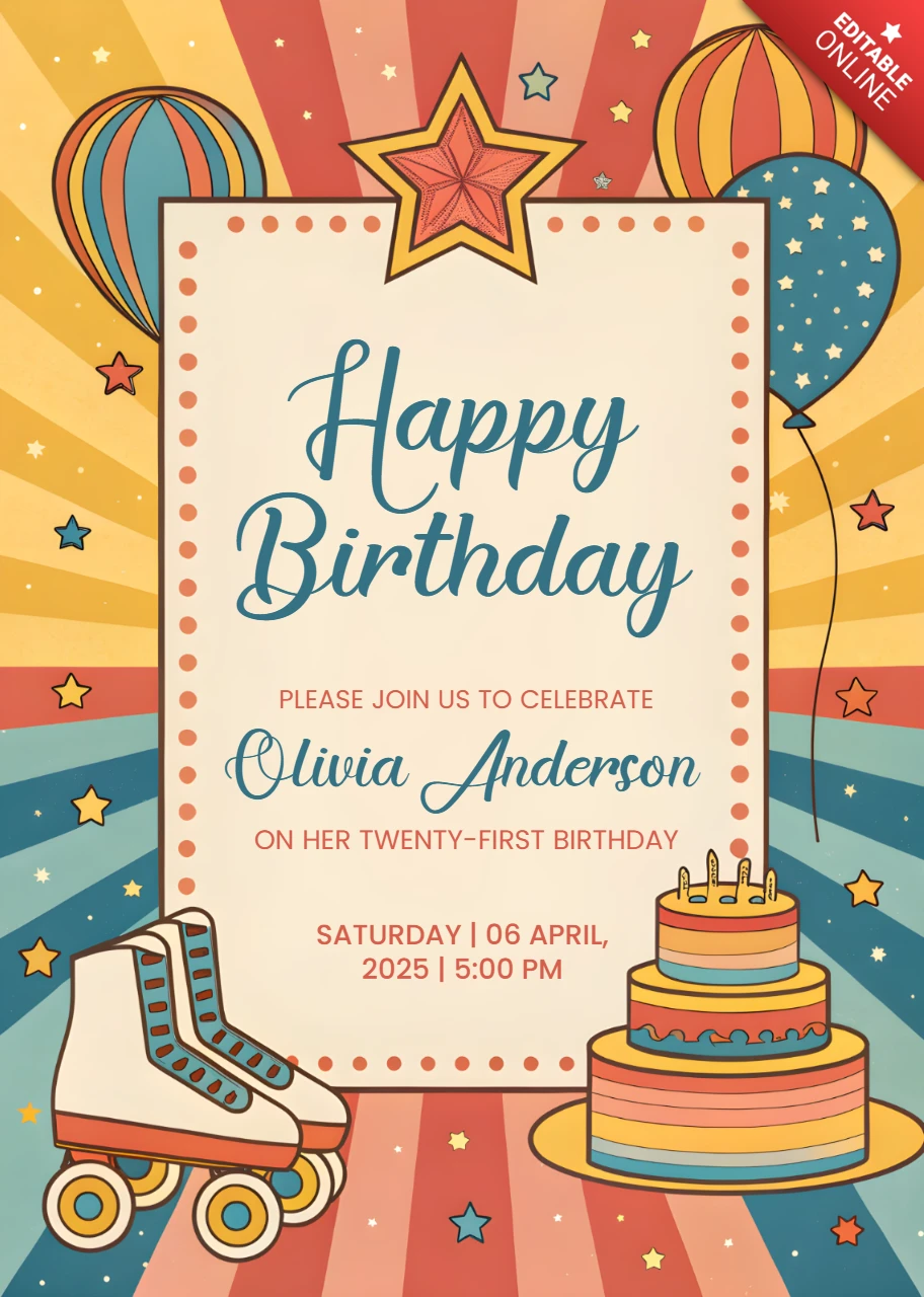 Modèle d'invitation d'anniversaire de cirque rétro - conception modifiable pour célébrer les étapes importantes