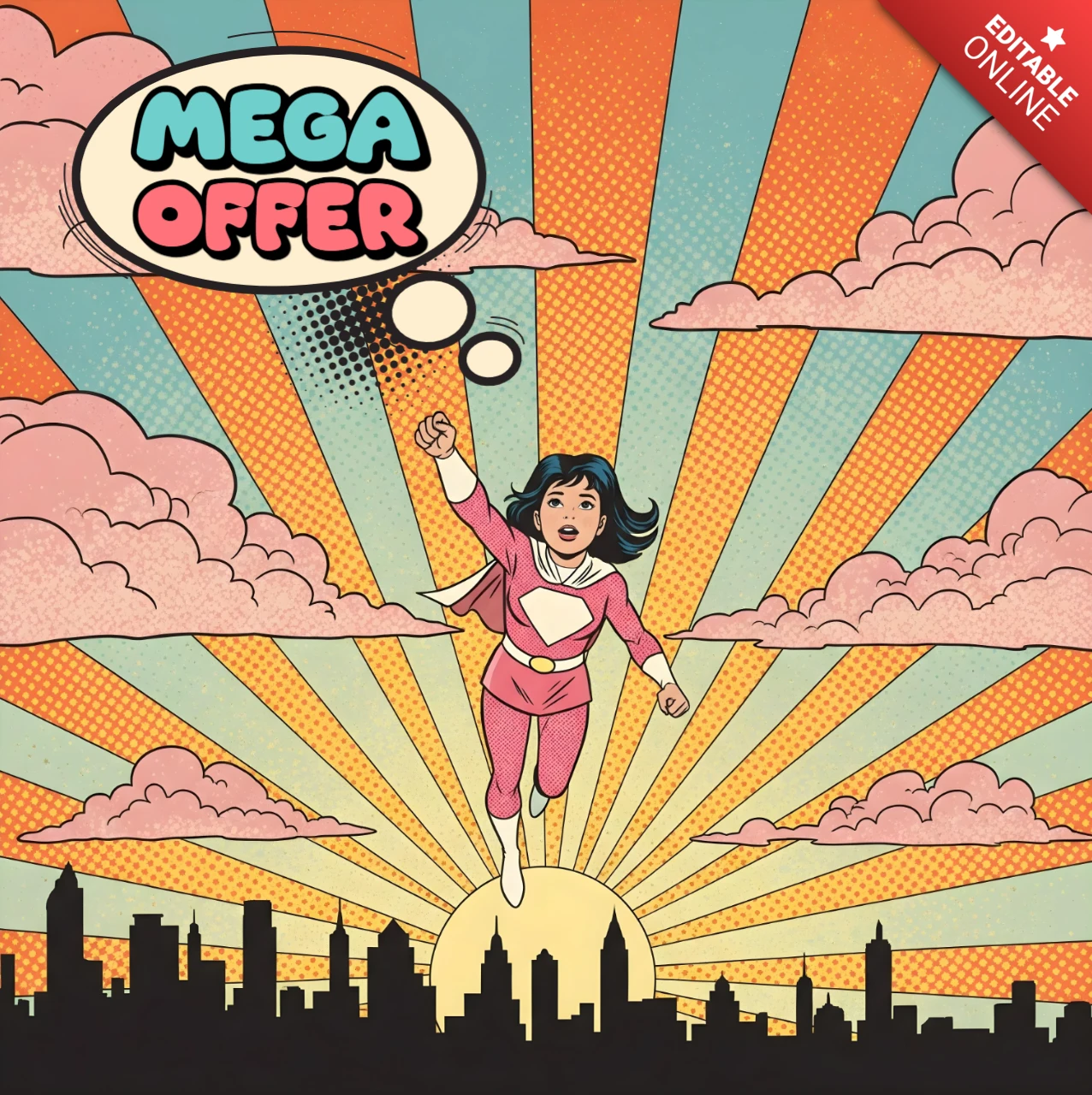 Sonnenaufgangsflug-Held Comic-Stil Mega-Angebotskunst mit pinkem Umhang und Stadt-Skyline-Designvorlage für Werbeflyer