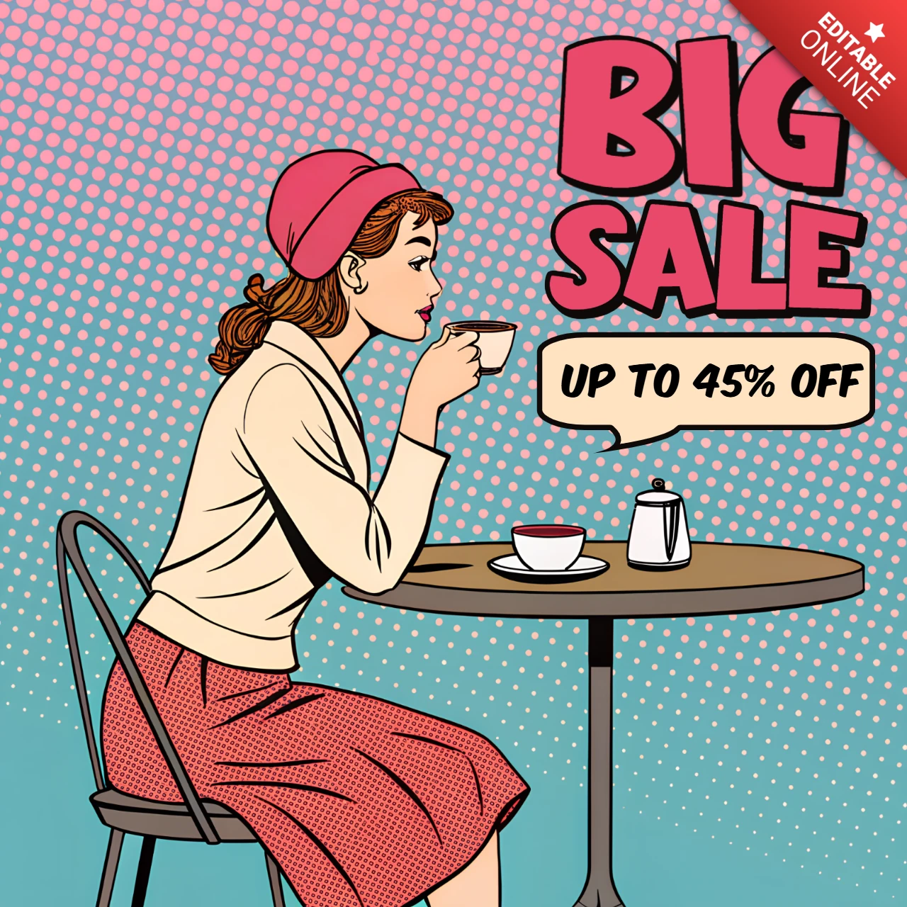 Template de cartaz de venda de pop art com mulher retrô bebendo café