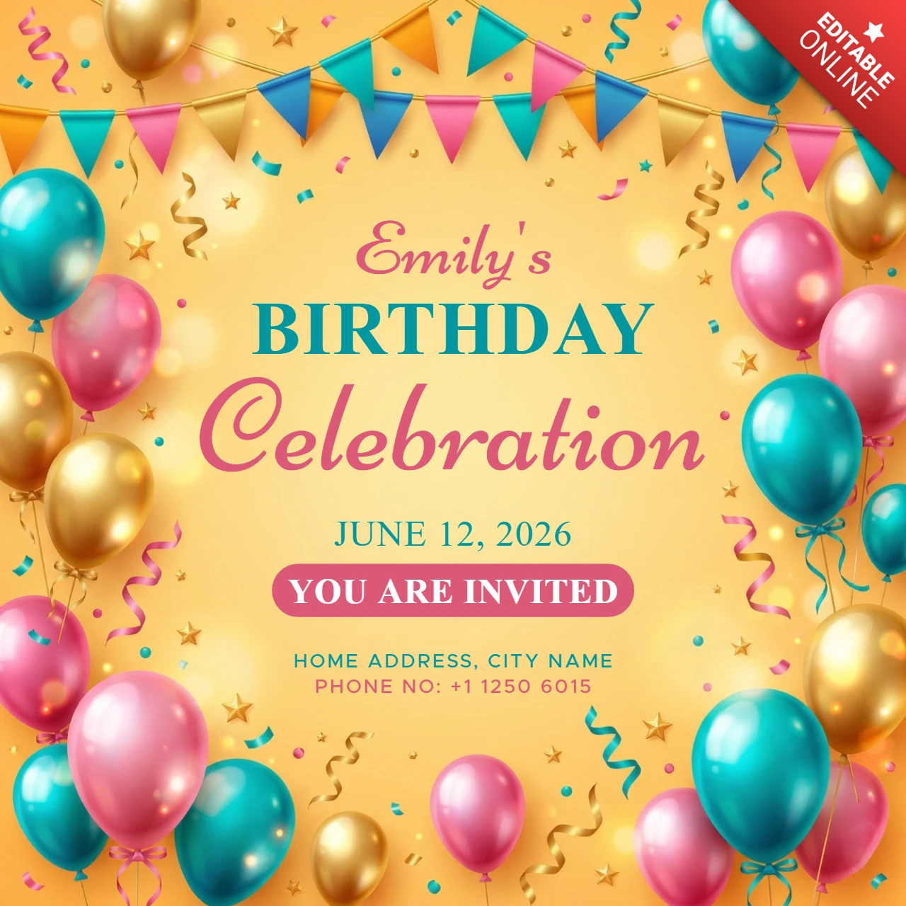 Geburtstagsparty-Poster mit golden-gelbem Hintergrund, Luftballons, Konfetti und festlichem Feier-Thema