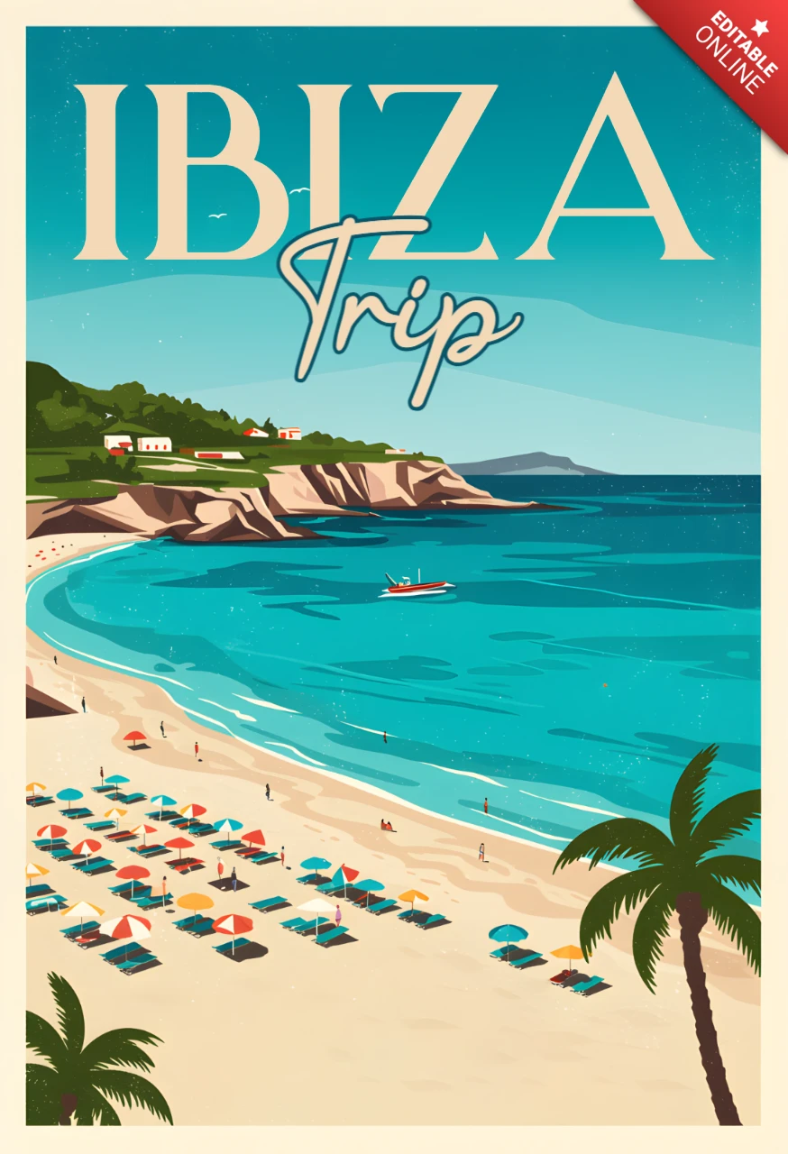 Vintage Ibiza Beach Illustration for Spanish Travel Posters and Merch Template