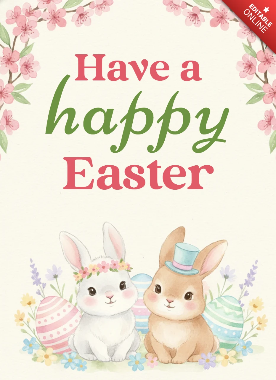 Happy Easter Greeting Card with Cute Bunnies, Decorated Eggs, Spring Flowers & Cherry Blossoms