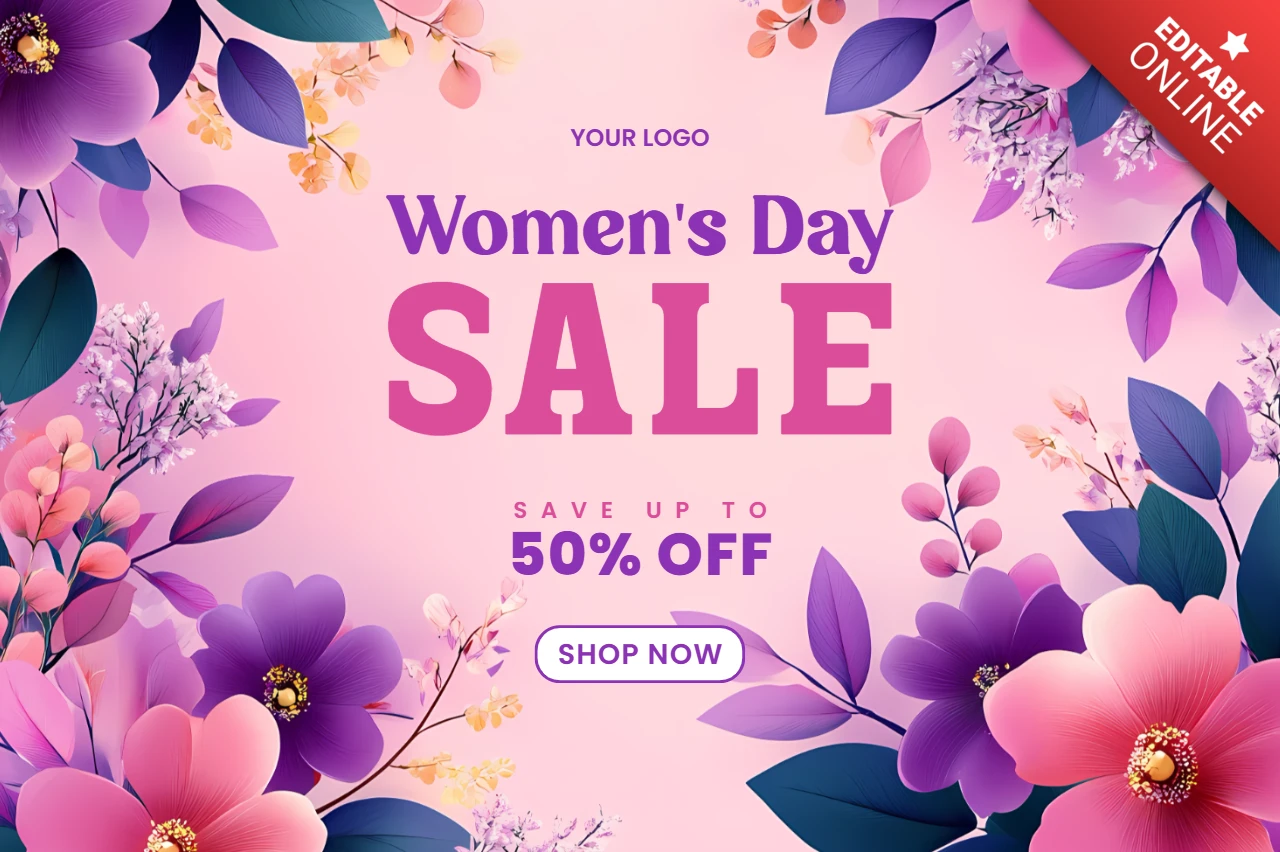 Púrpura floral día de la mujer plantilla de banner de venta para la oferta de compras