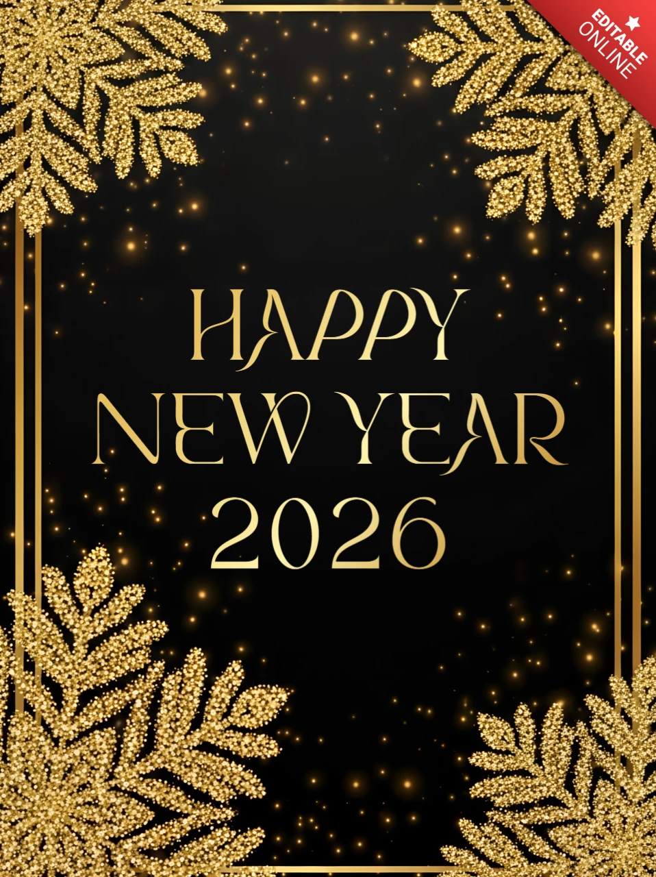 Şık 2026 yeni yıl tebrik kartı şablonu altın sim tasarımıyla