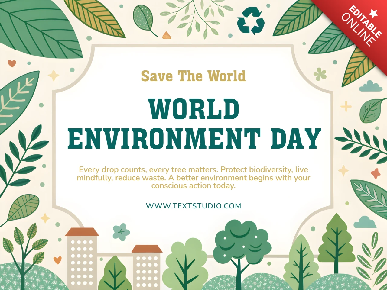 Modello di design per la celebrazione della giornata mondiale dell'ambiente con illustrazione di fogliame carino