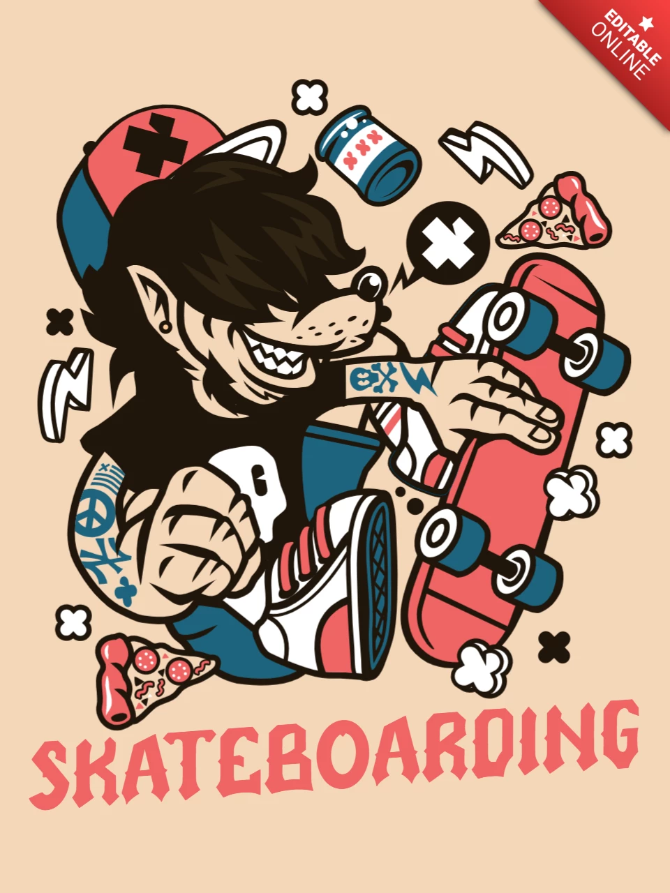 Plantilla de diseño de camiseta de personaje de dibujos animados de lobo en skate