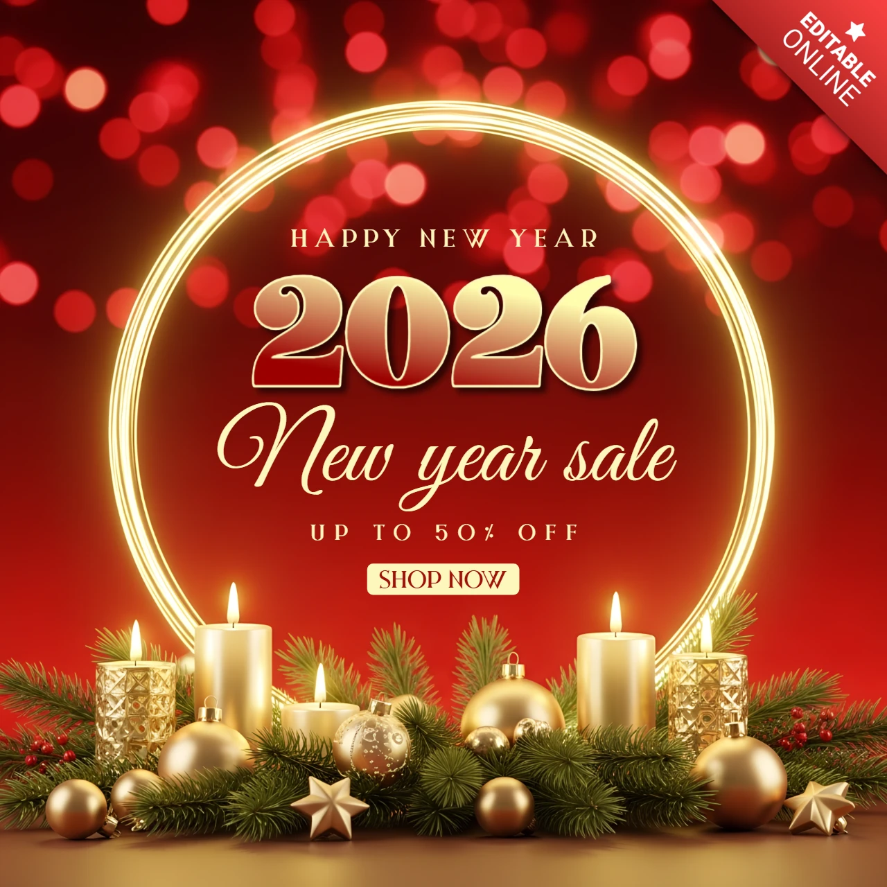 Diseño de plantilla de venta de año nuevo elegante con velas y adornos para promociones navideñas.