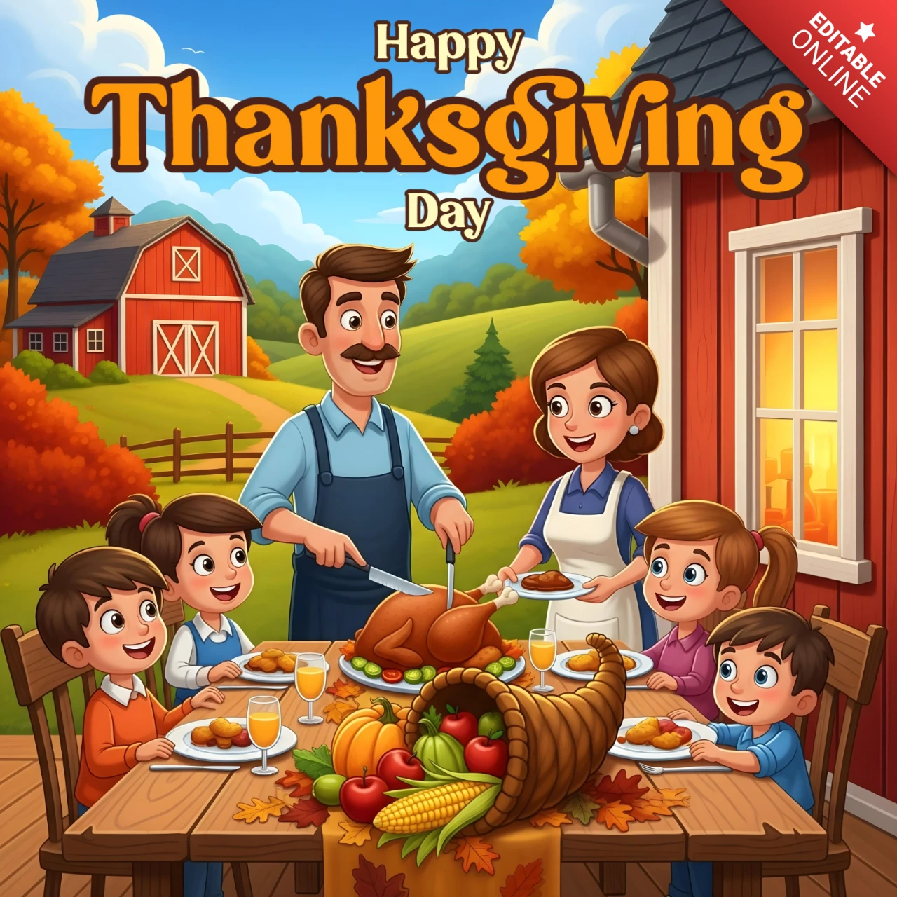 Thanksgiving Day Cartoon Card Cozy Farm Celebration with Turkey Dinner & Smiling Family Banner Design Template