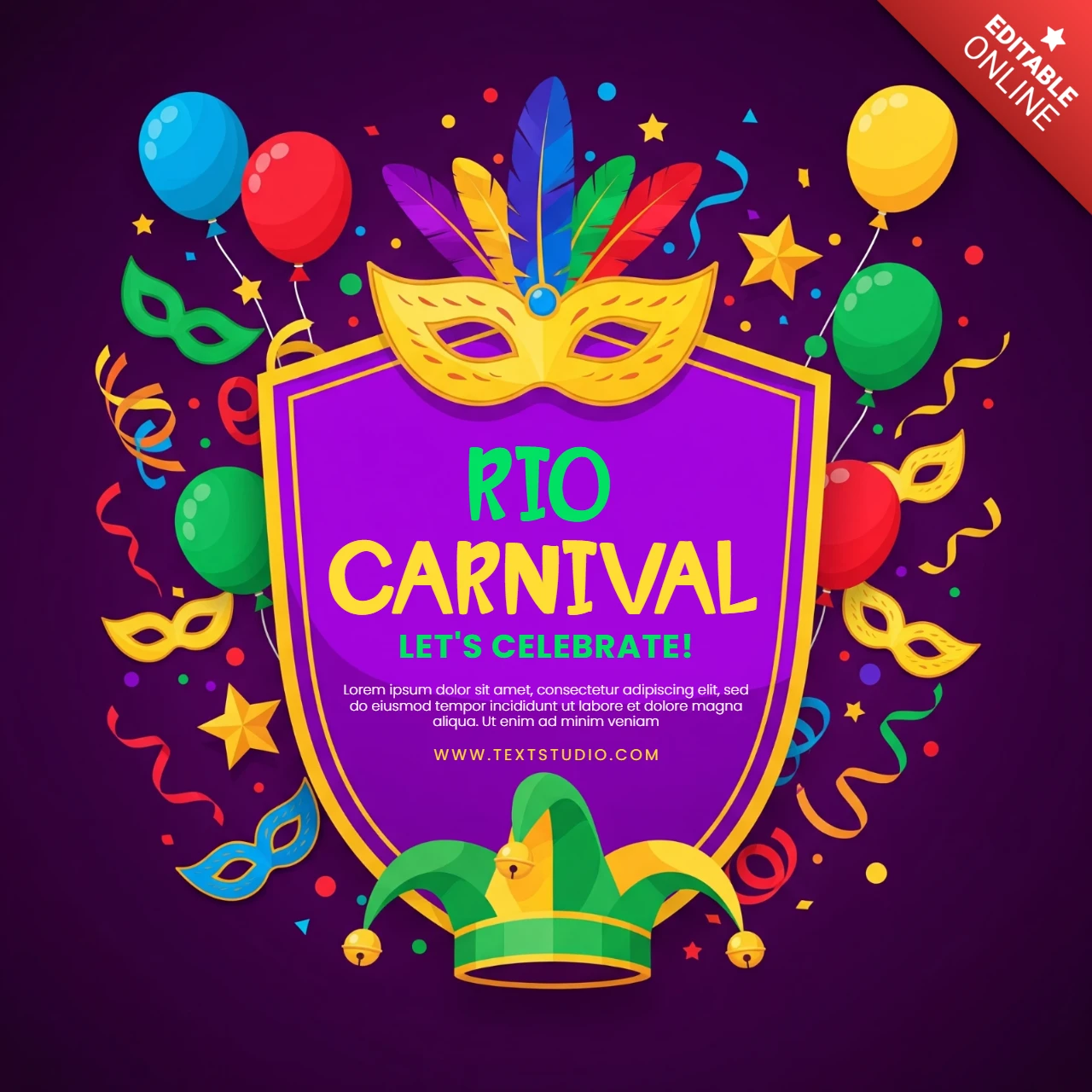 Rio-Carnival-Feierplakat bunte gefiederte Maske, Narrenhut & Konfetti auf lila Schildhintergrund