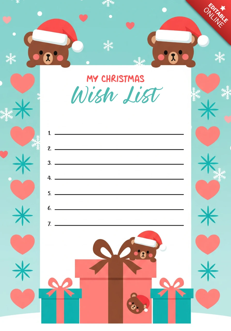Christmas Stationery Wish List Template with Decorative Border and Festive Icons for Kids and Families