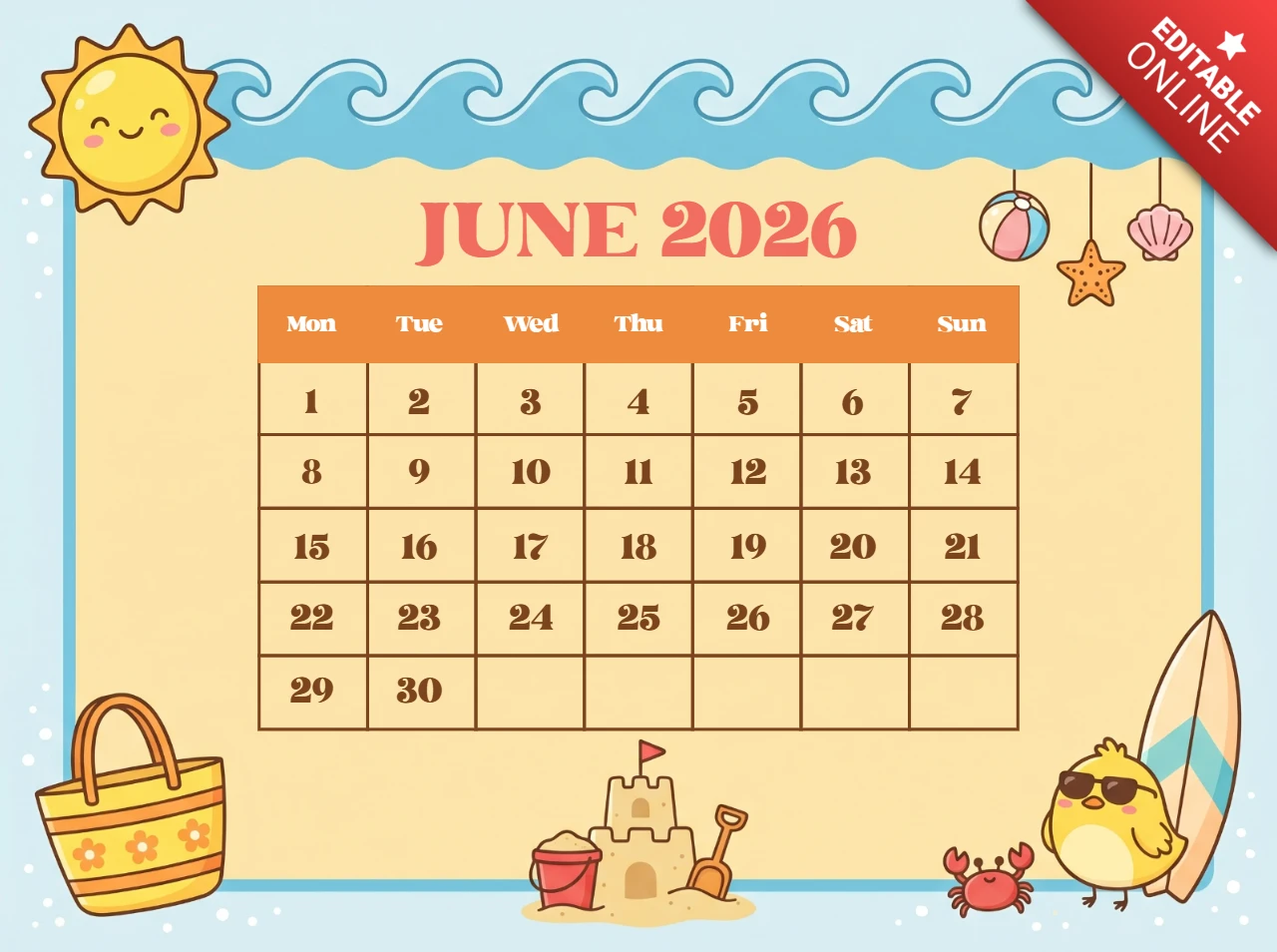 Cheerful June 2026 Calendar Design with Crab, Yellow Bird in Sunglasses, and Summer Atmosphere