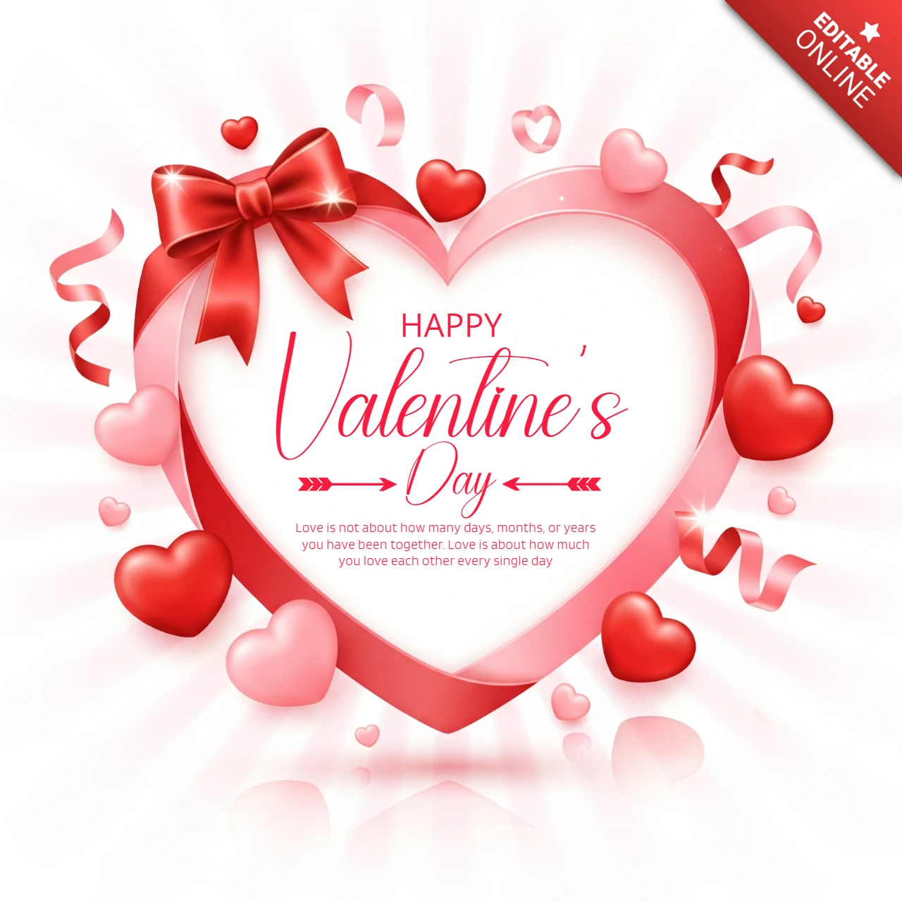Valentine’s Greeting Card Romantic Heart Design with Ribbon Bow and Curling Accents