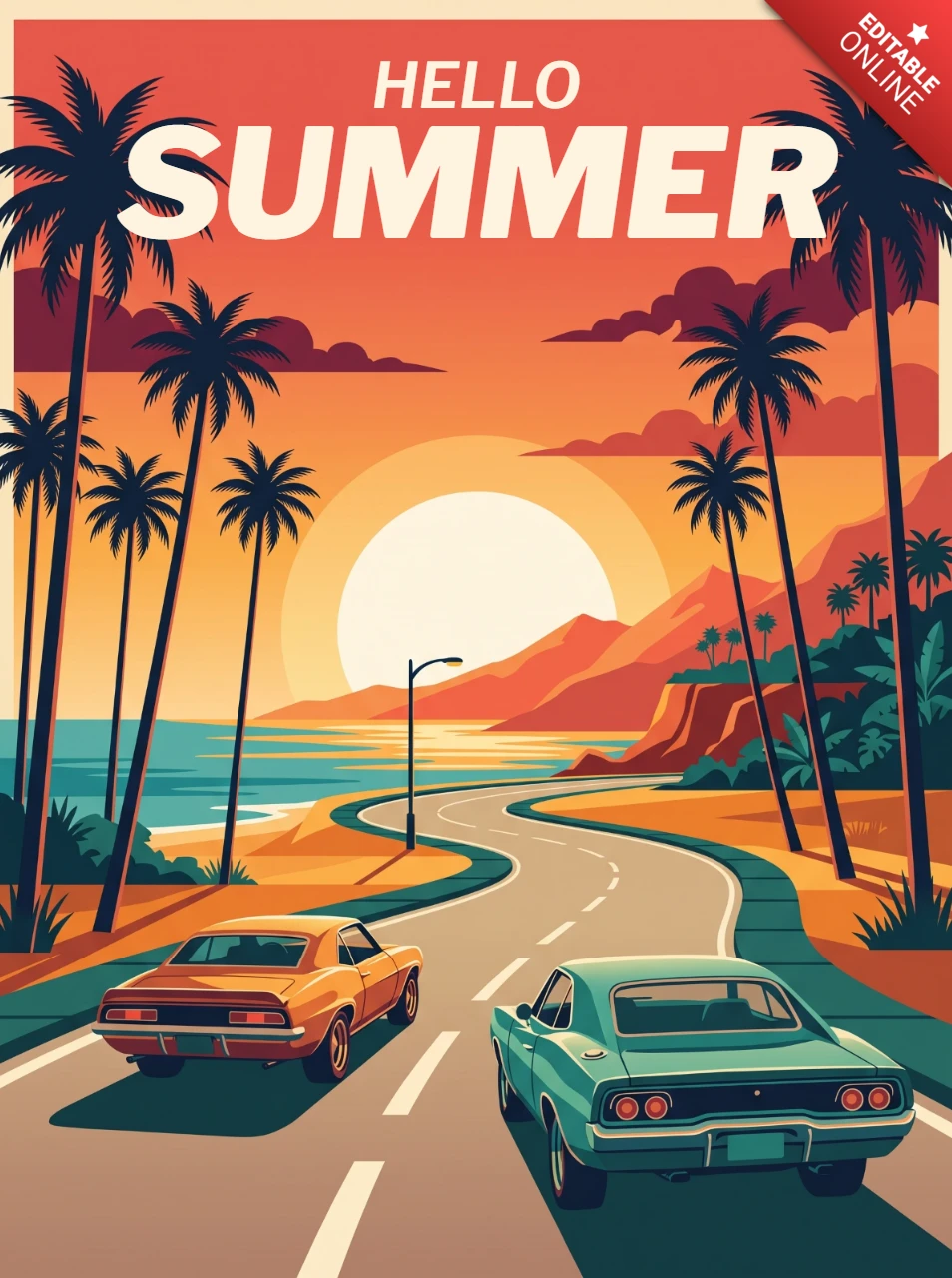 Cartel colorido de viaje por carretera de verano con coches clásicos, palmeras, carretera costera, olas del océano, horizonte al atardecer y vibras alegres de vacaciones