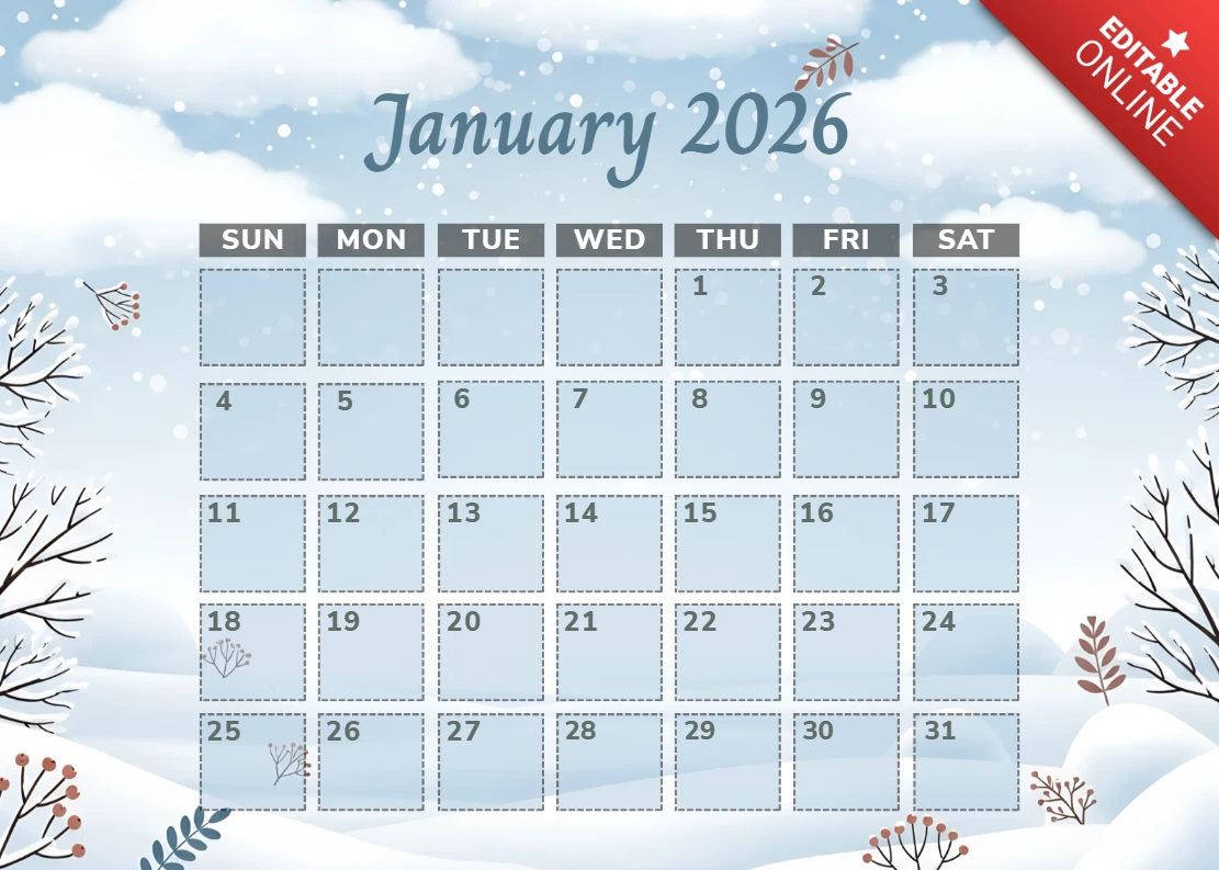 Kalender-Template-Design für Winterlandschaften zur monatlichen Planung
