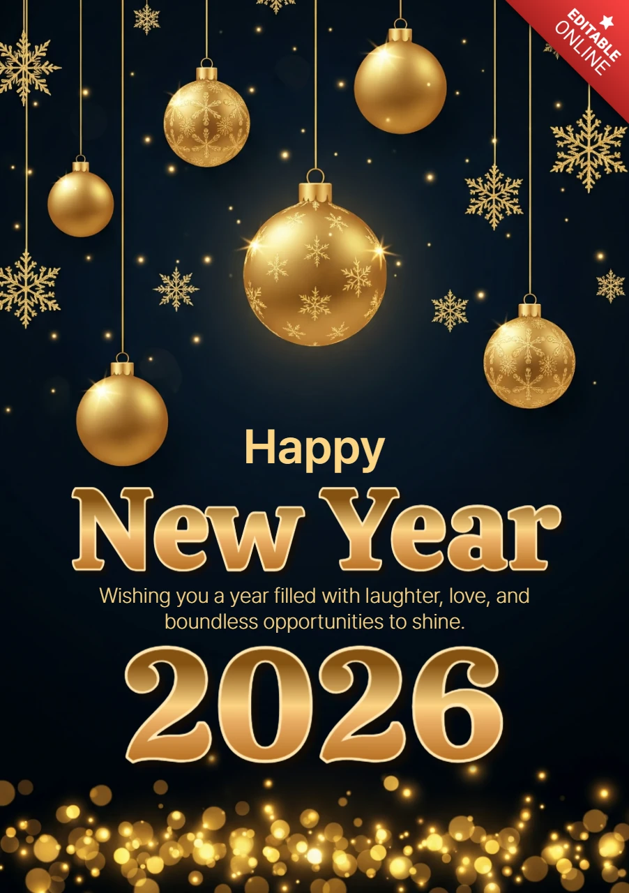 Cartão de feliz ano novo 2026 com fundo azul escuro, ornamentos dourados e detalhes de flocos de neve.