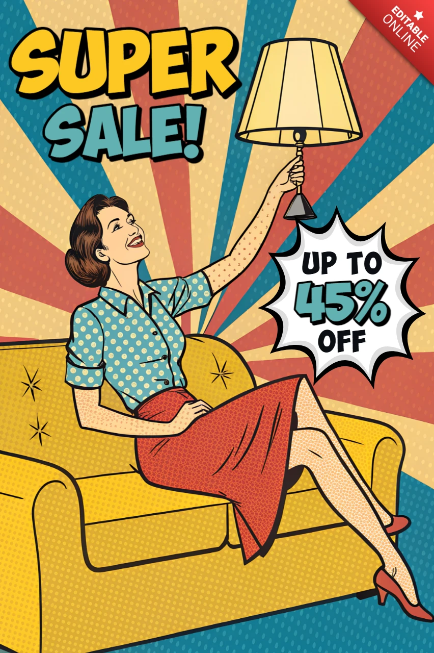 Pop Art Sale Design Template Featuring Retro Woman with Lamp for Promotional Flyers