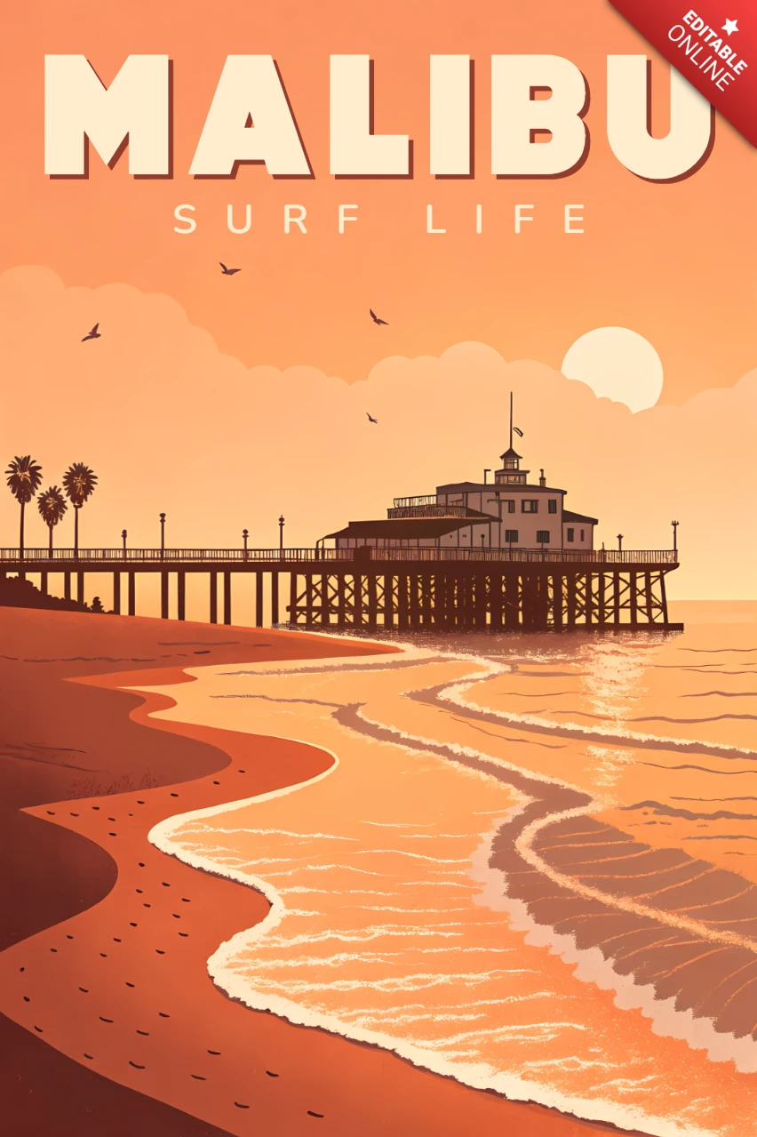 Malibu Surfleben Retro-Design-Vorlage für Poster