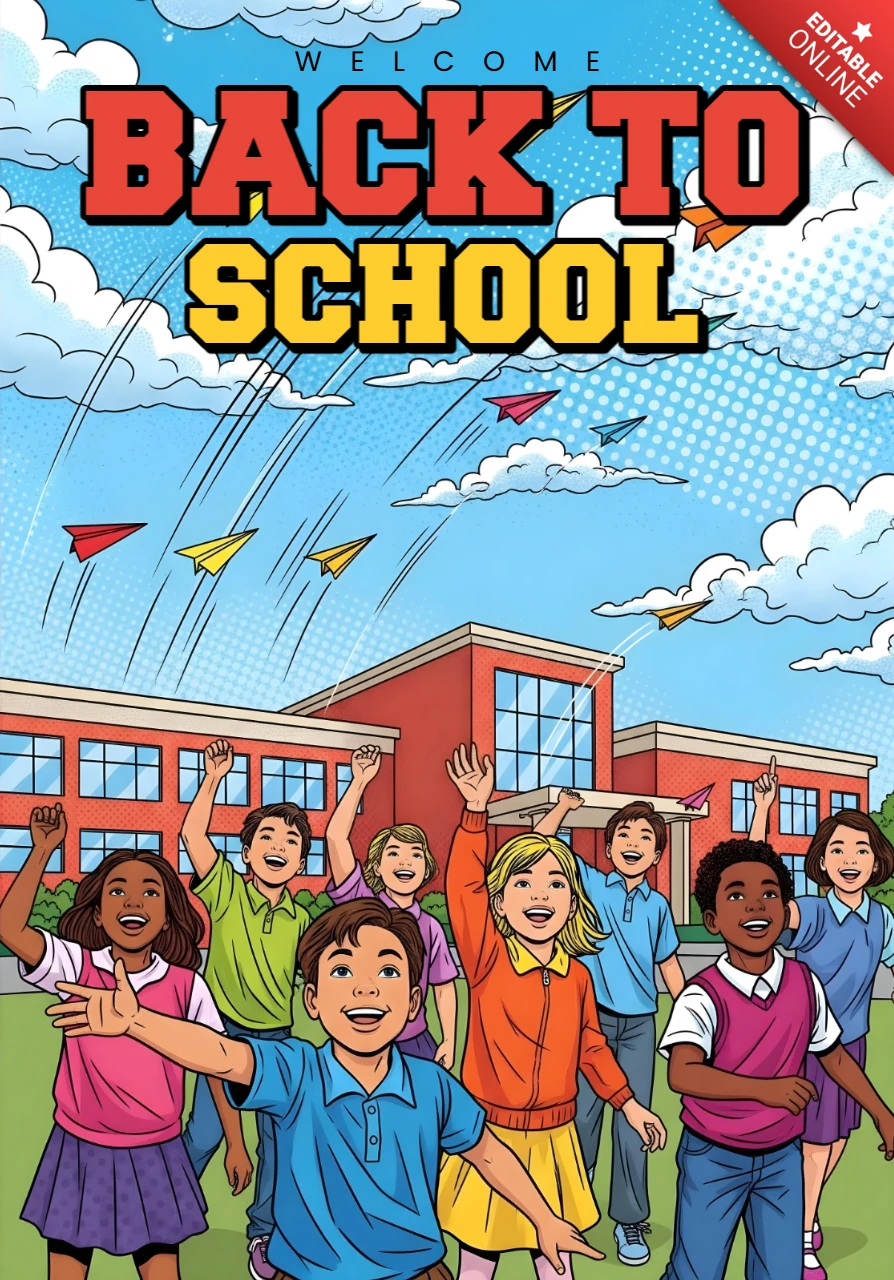 Welcome Back to School Children Running Toward Red School Building with Paper Airplanes Poster Design Template