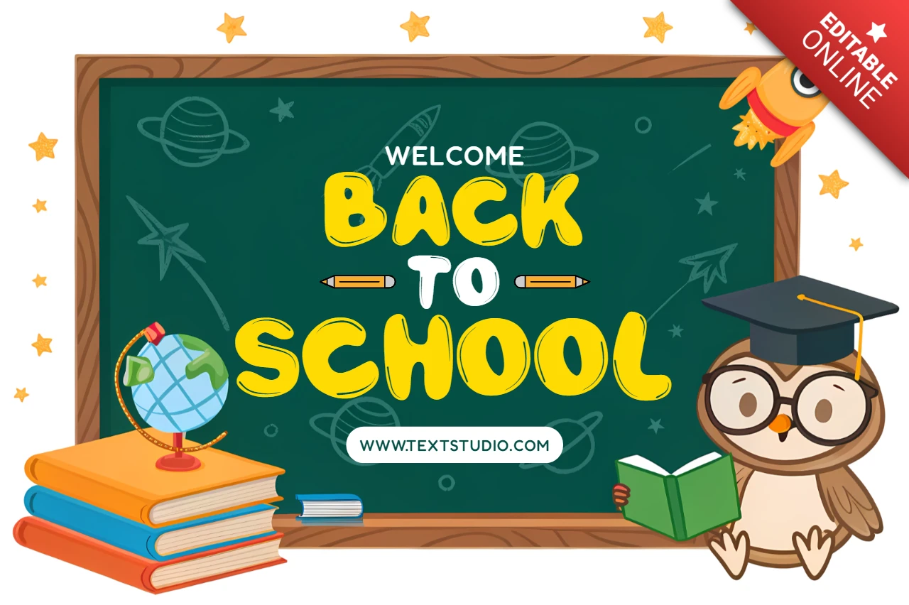 Plantilla de diseño de regreso a clases con búho lindo y pizarra para volantes educativos.