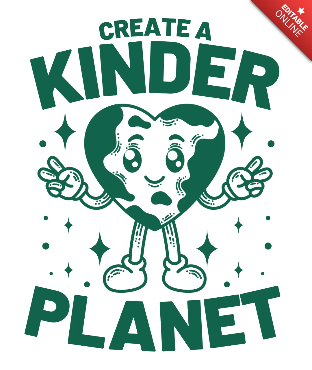 Create a Kinder Planet Heart-Shaped Earth Cartoon Spread Positivity & Environmental Awareness T-Shirt Design Template