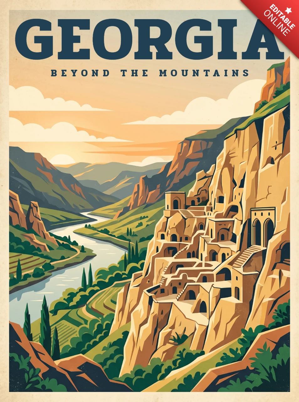 Georgia Retro Vintage Nature Poster Scenic Mountain Valley River Cliffs Historic Buildings Adventure Travel Landscape Wall Illustration