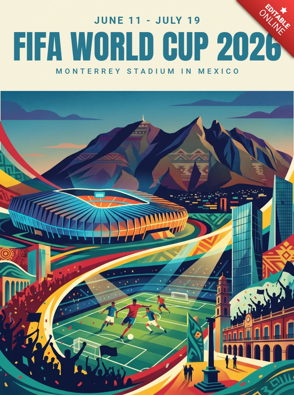 FIFA World Cup Football 2026 Monterrey Artistic Poster Featuring Soccer Stadium Modern Buildings Iconic Peaks and Global Celebration
