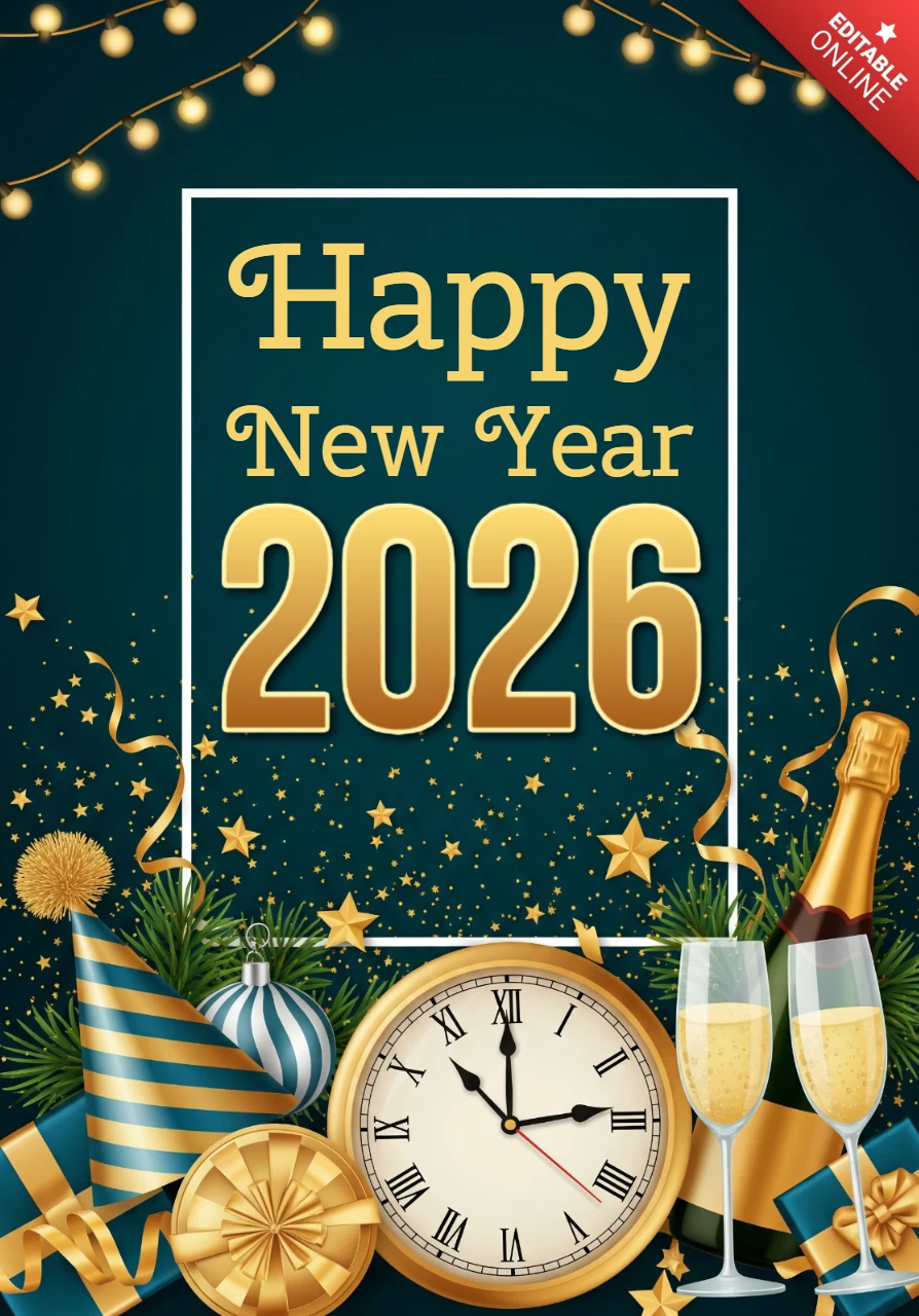 Carte de nouvel an 2026 avec mise en page festive, toast au champagne, horloge de compte à rebours et boîtes-cadeaux.