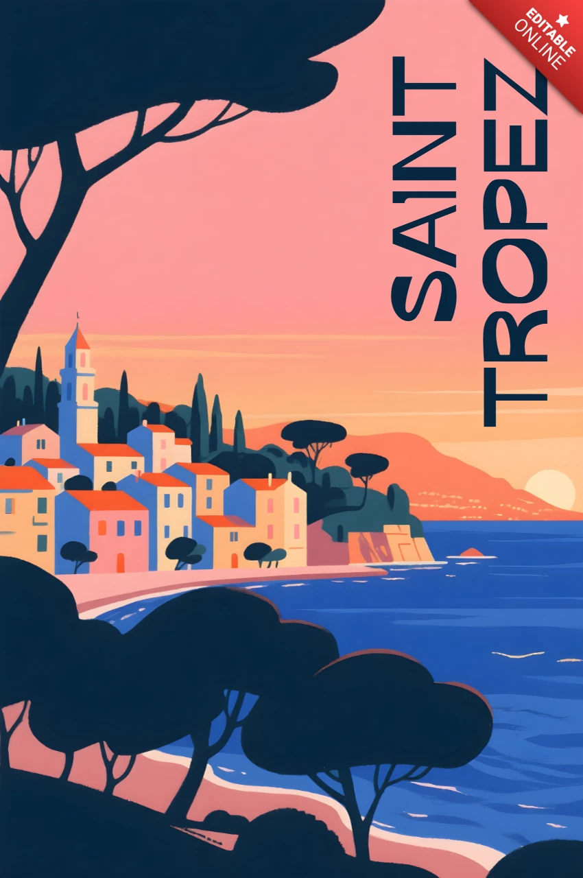 Saint-Tropez Küstenlandschaftsdesign-Vorlage für retro Flachposter