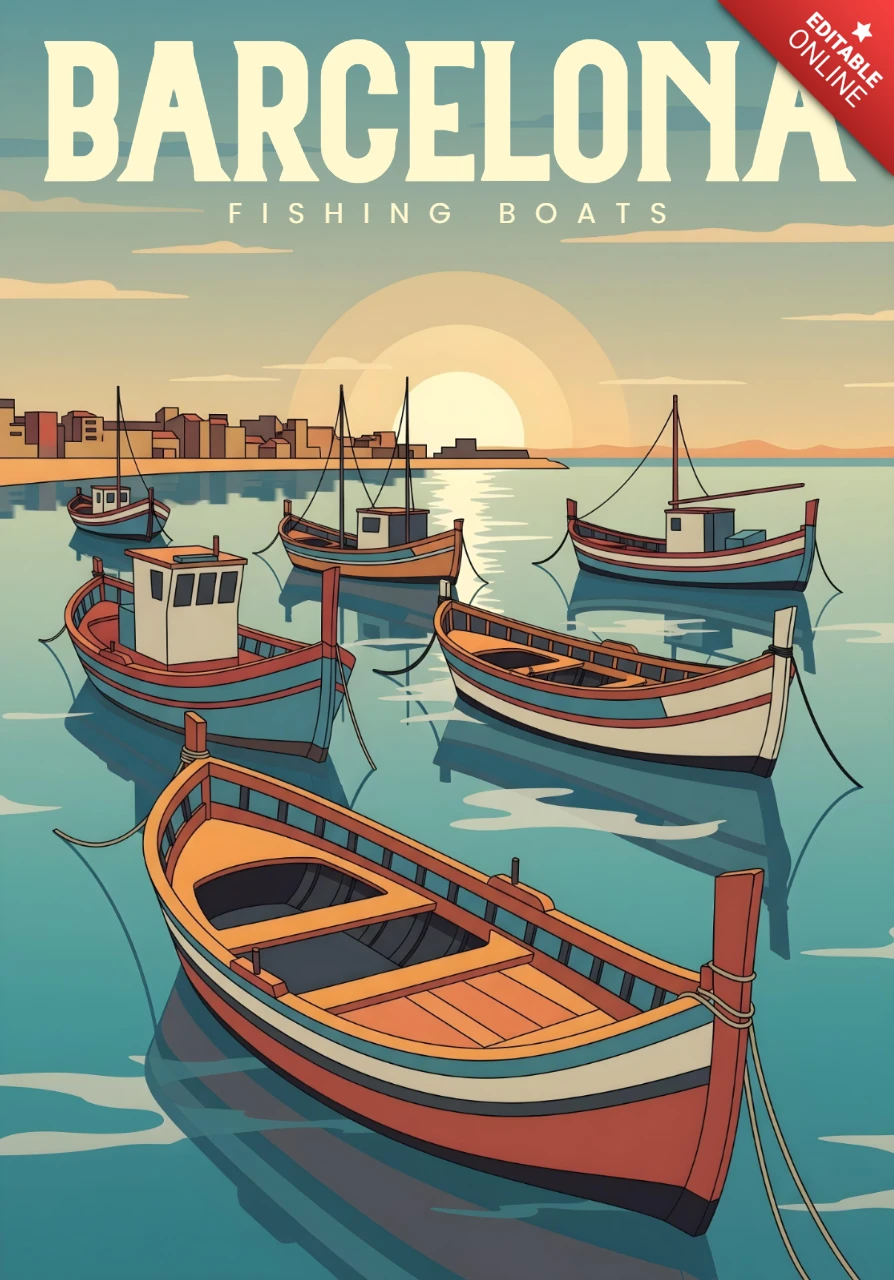 Barcelona Fischerboote Sonnenuntergang Reflexionen & Küstenerbe Reiseposter Designvorlage