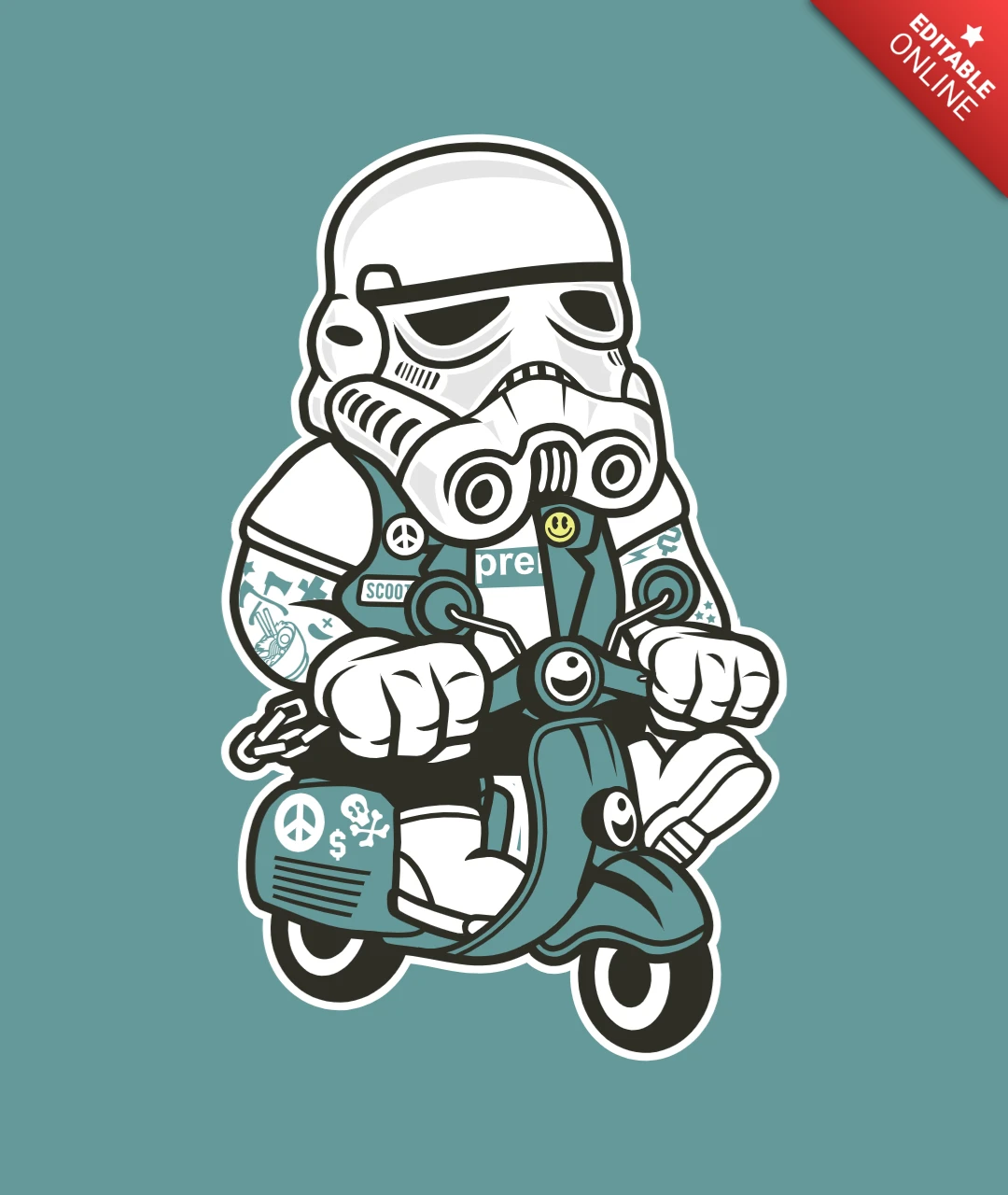 Stormtrooper scooter personaje de dibujos animados plantilla de diseño de camiseta