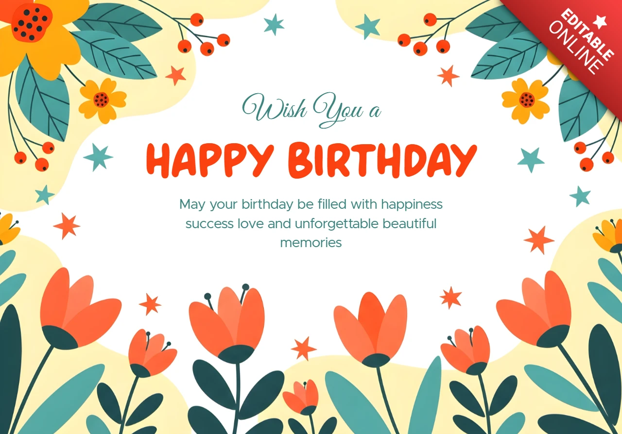 Design del template di biglietto di compleanno floreale con fiori vivaci e colori allegri