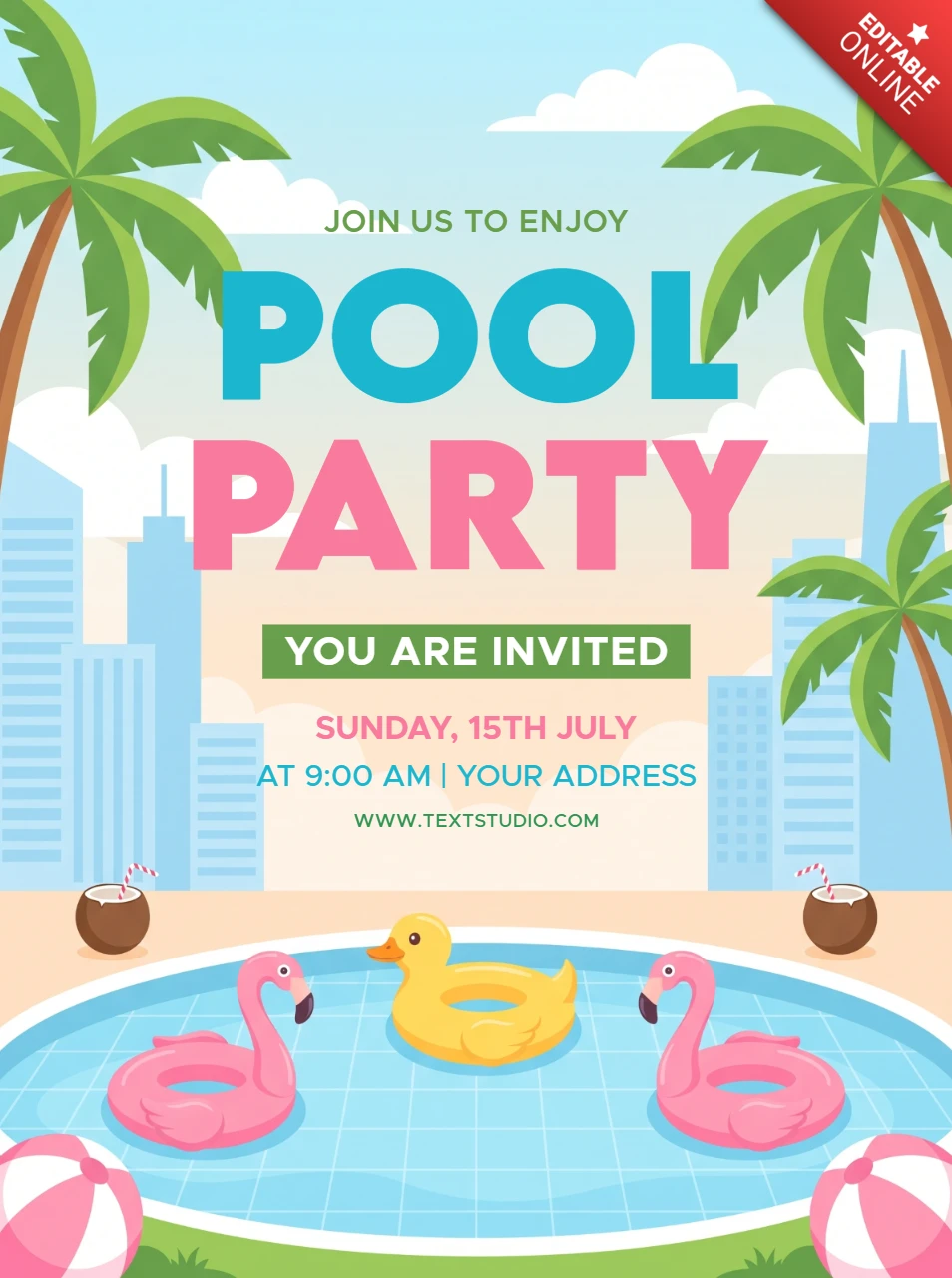 Colorful summer pool party invitation flyer with pink flamingo floats and yellow rubber duck in a sunny urban setting with palm trees
