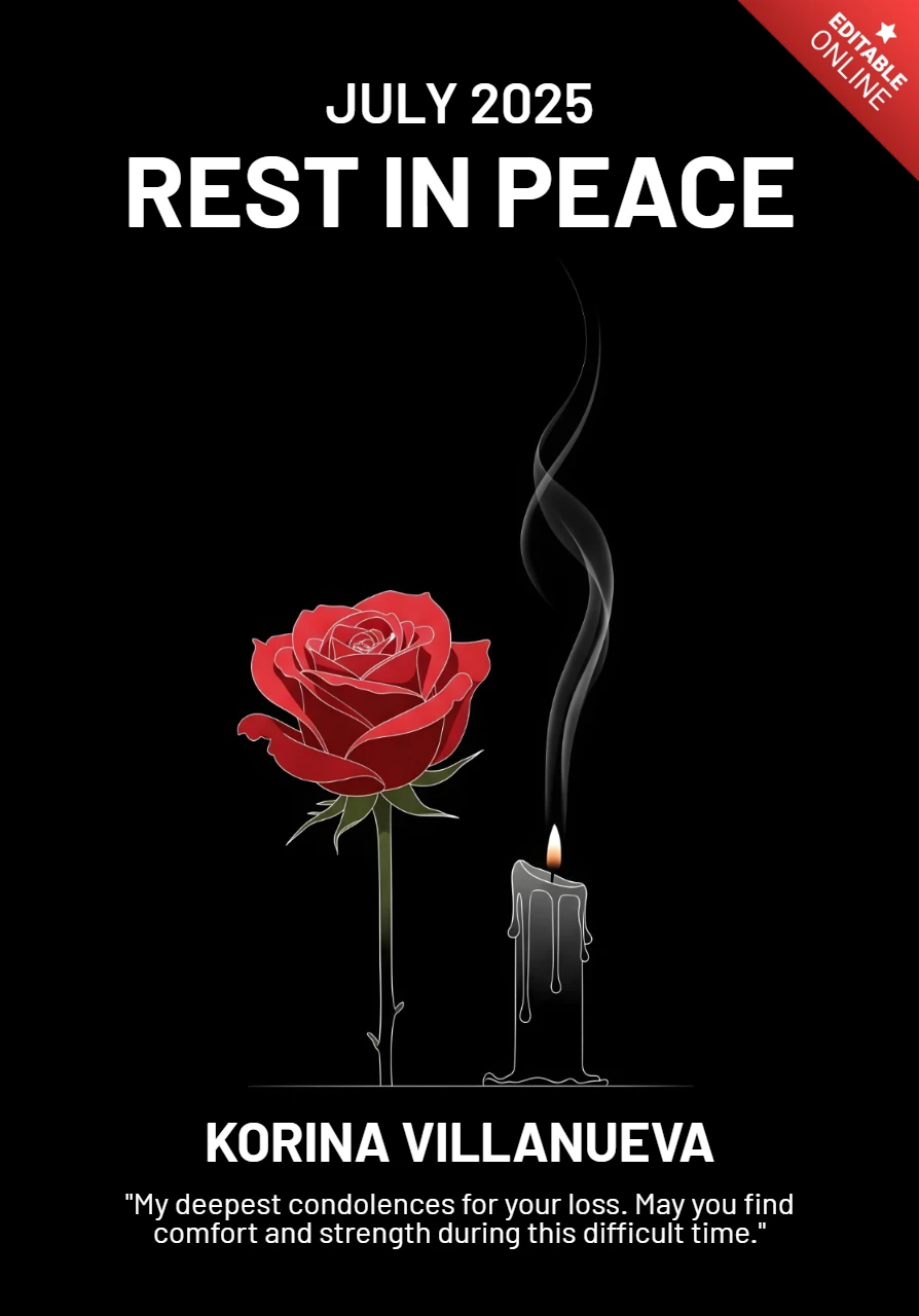 Hommage funéraire, douce lueur de bougie et modèle d'affiche commémorative avec des roses, repose en paix.