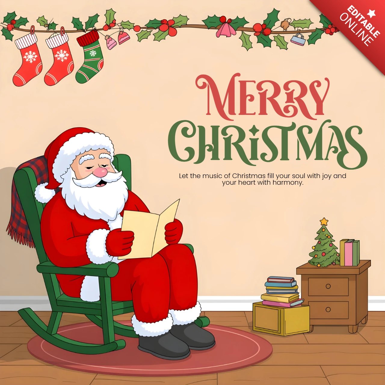 Affiche de Noël joyeux, le Père Noël lisant un livre dans une pièce confortable avec des chaussettes, une guirlande et un petit arbre, modèle de design.