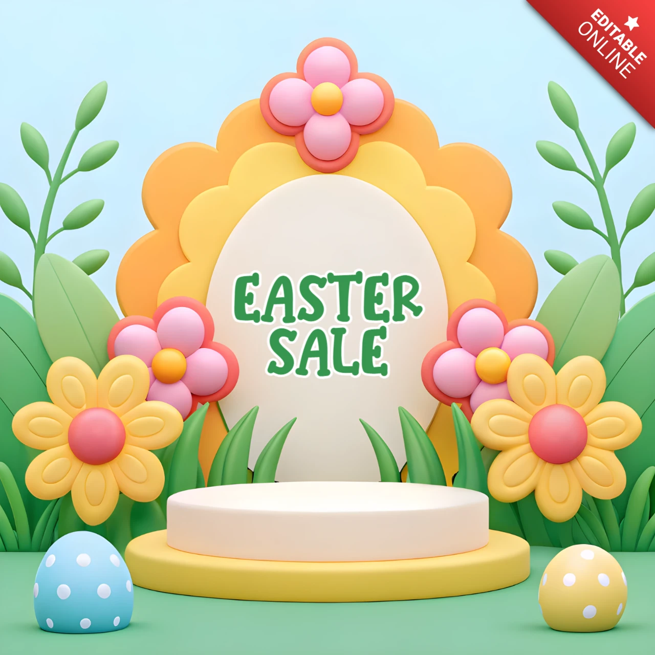 Playful 3D Easter Sale Design Template with Colorful Flowers and Eggs