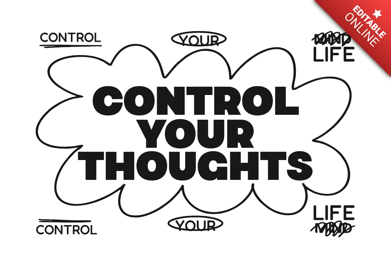 Controle seus pensamentos, controle sua vida. Citação motivacional e modelo de design de camiseta com contraste visual.