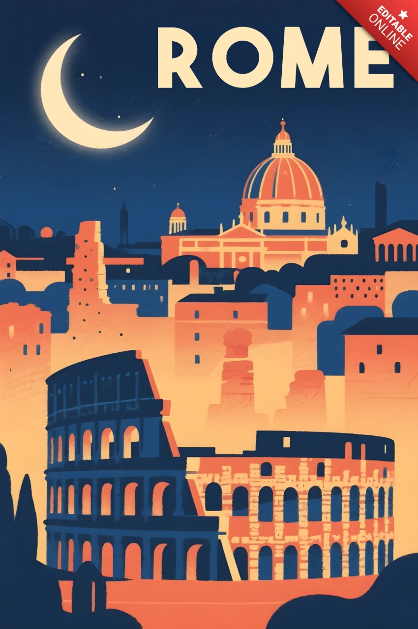 Template de design retrô do horizonte de Roma para pôsteres de viagem