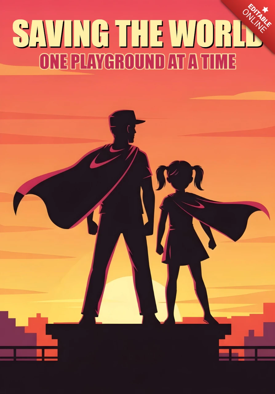 Salvando o mundo um playground de cada vez, design de pôster da dupla de super-heróis ao pôr do sol.