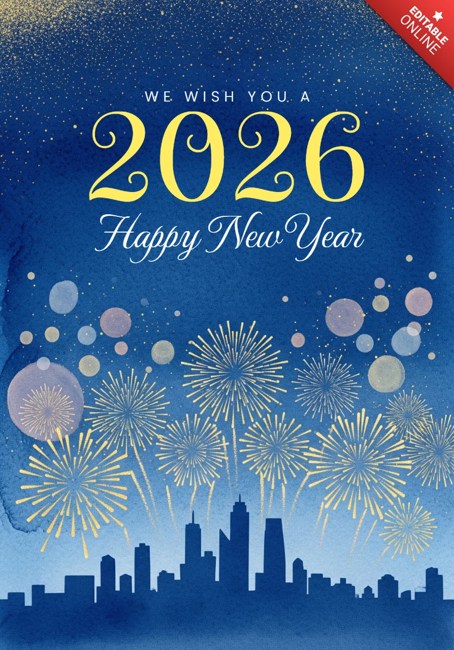 Miasto z sylwetką w tle, złote fajerwerki i nocne niebo, kartka z okazji Nowego Roku 2026 w akwareli.