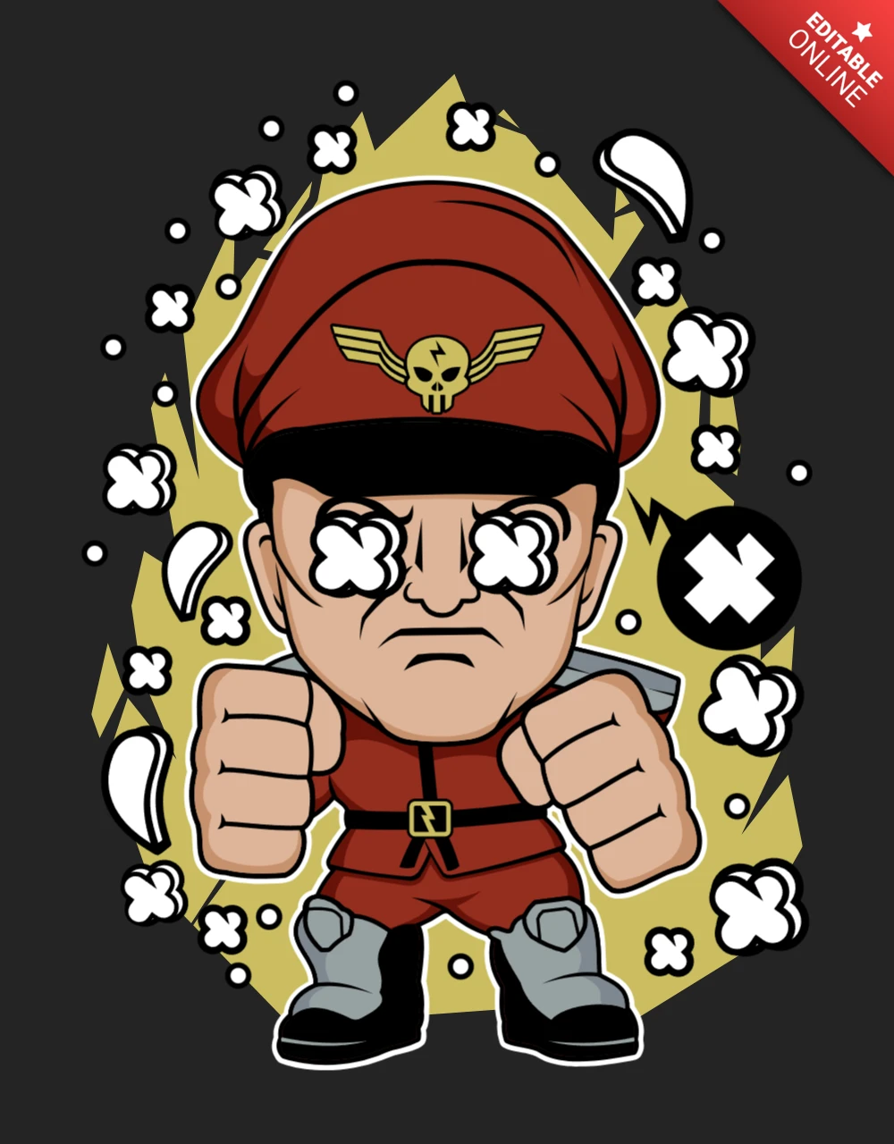 Bison street fighter personaje de dibujos animados cultura pop cartel plantilla de diseño