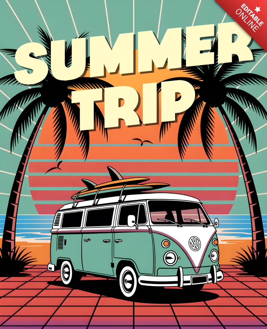 Retro Flat Summer Trip Design Template for Beach-Themed Apparel