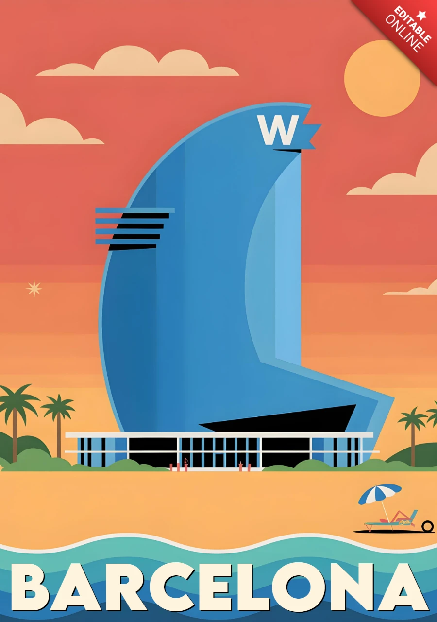 W Hotel Sunset Illustration with Palm Trees & Beach Barcelona Travel Posters Design Template