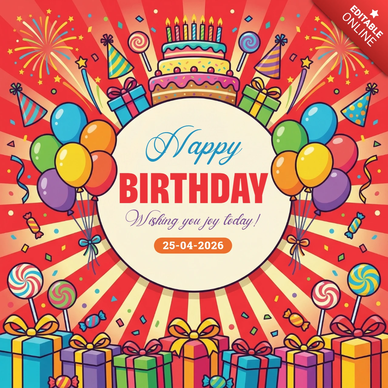 Cartaz de feliz aniversário 2026 fundo vermelho com explosão, balões, presentes, doces, fogos de artifício e celebração de bolo de aniversário.