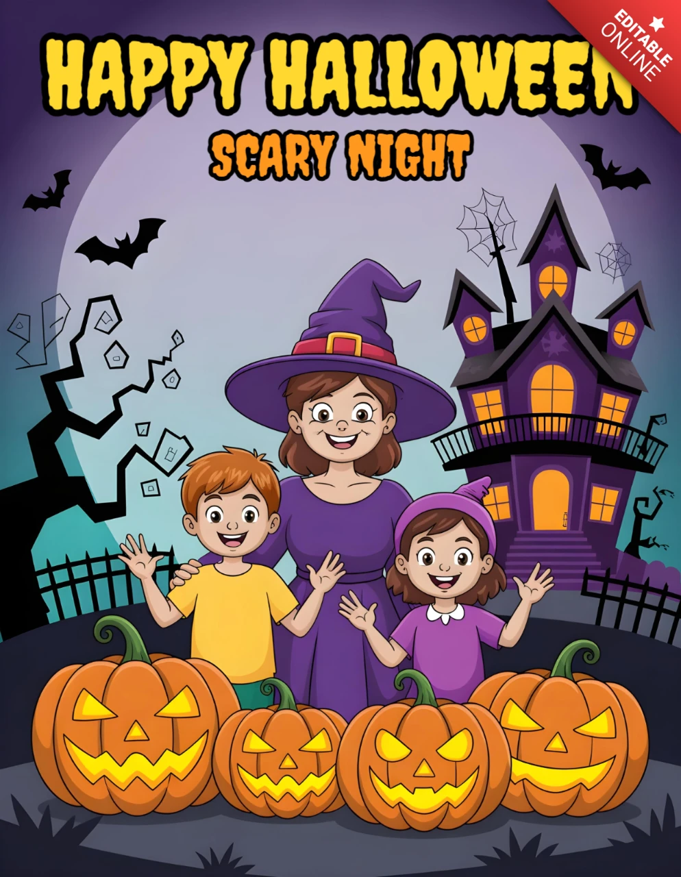 Rodzina z kreskówki w strasznym lesie z lampionami z dyni i purpurowym niebem, szablon projektu na Halloweenowe ulotki.