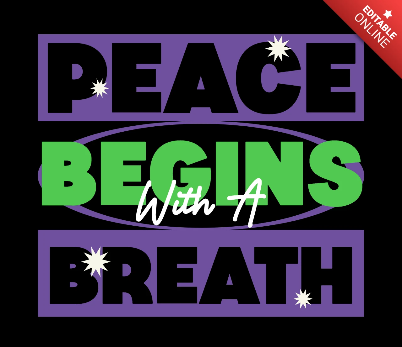 Der Frieden beginnt mit einem Atemzug motivierendes Achtsamkeitszitat & Sternsymbol T-Shirt-Designvorlage