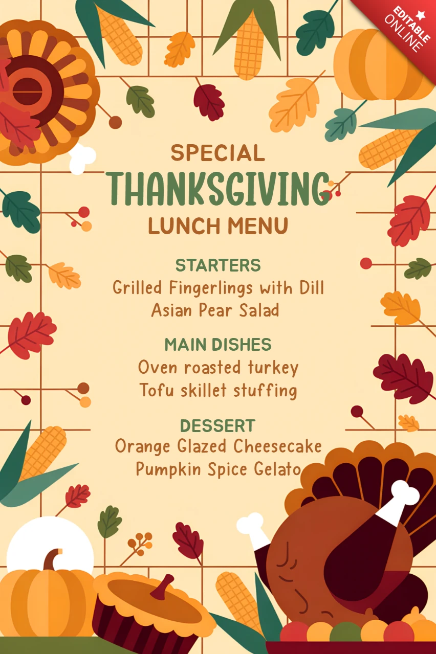 Modèle de design de menu de Thanksgiving avec des citrouilles et des feuilles d'automne pour les événements de fête